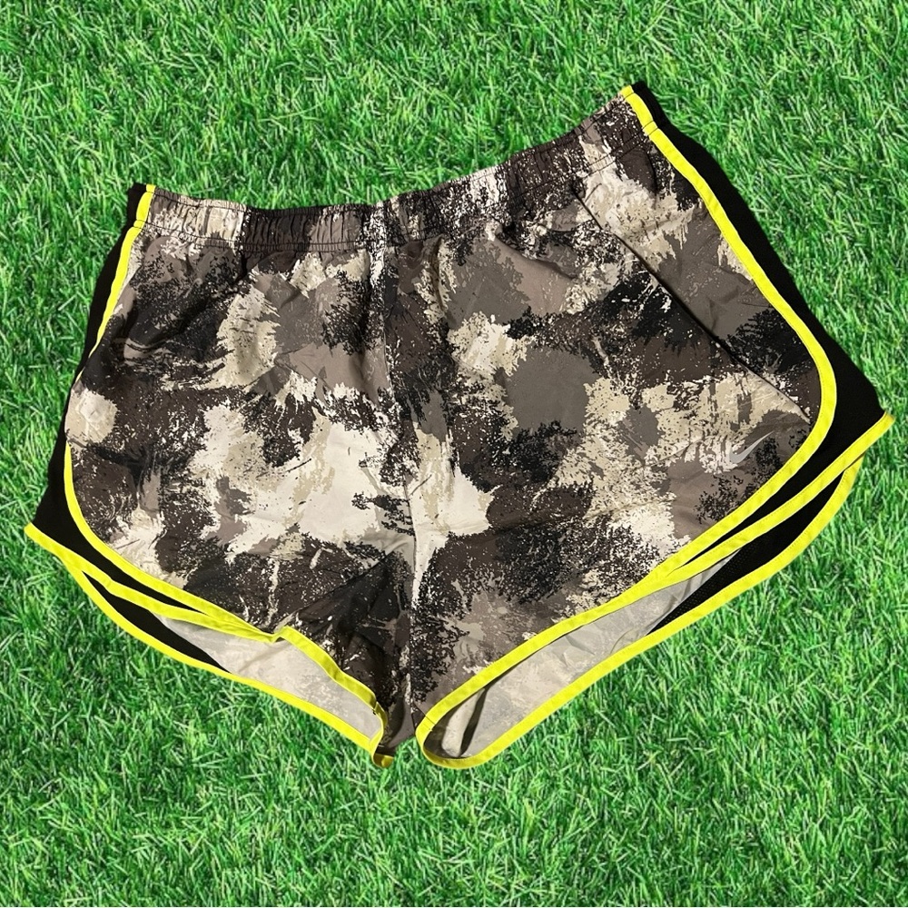 Nike Women's Athletic Shorts in Black, Gray, and Light Gray with Hi-Yellow Trim